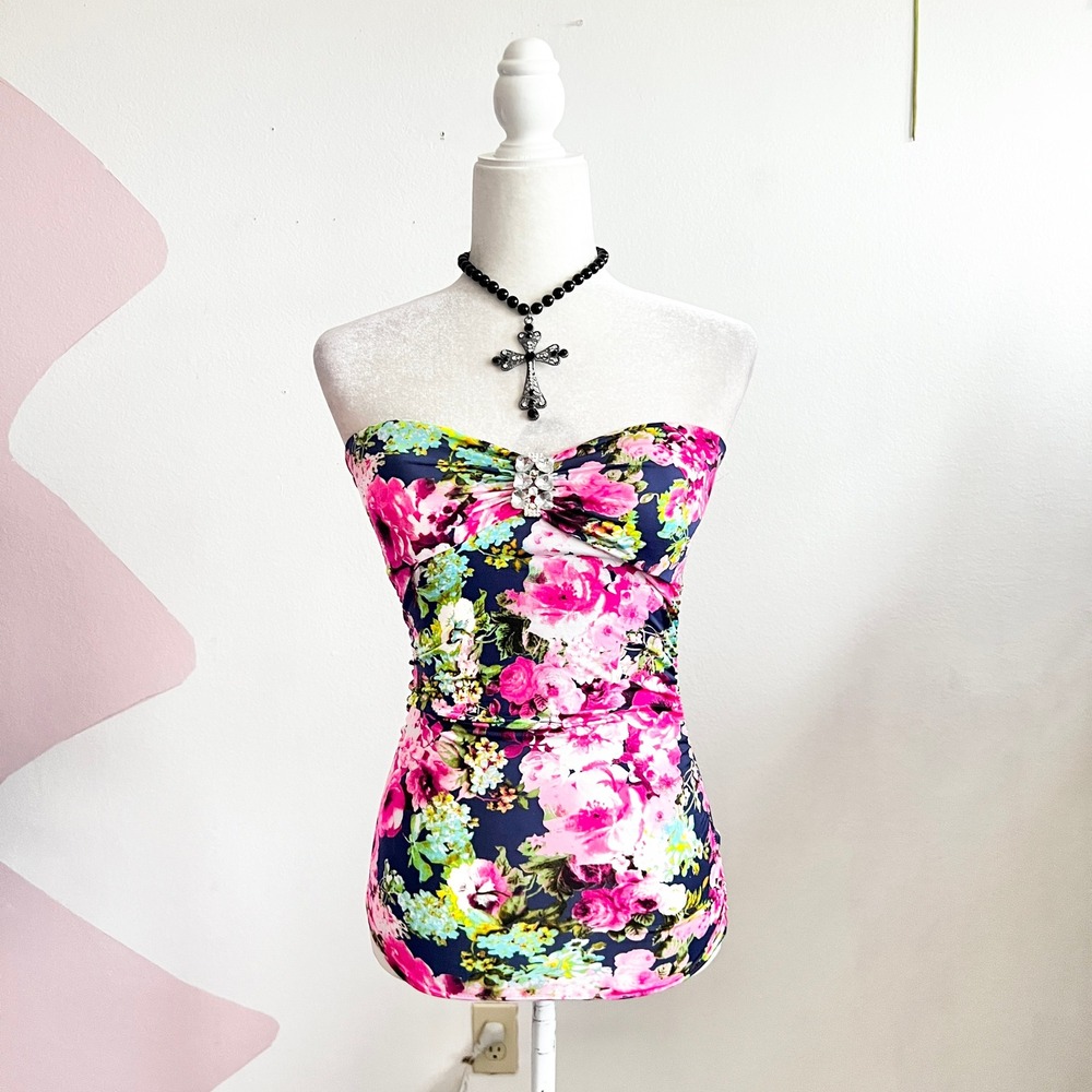 Vintage Y2K Tube Top Small‎ Babydoll Floral Pink Blue Strapless 2000s 90s